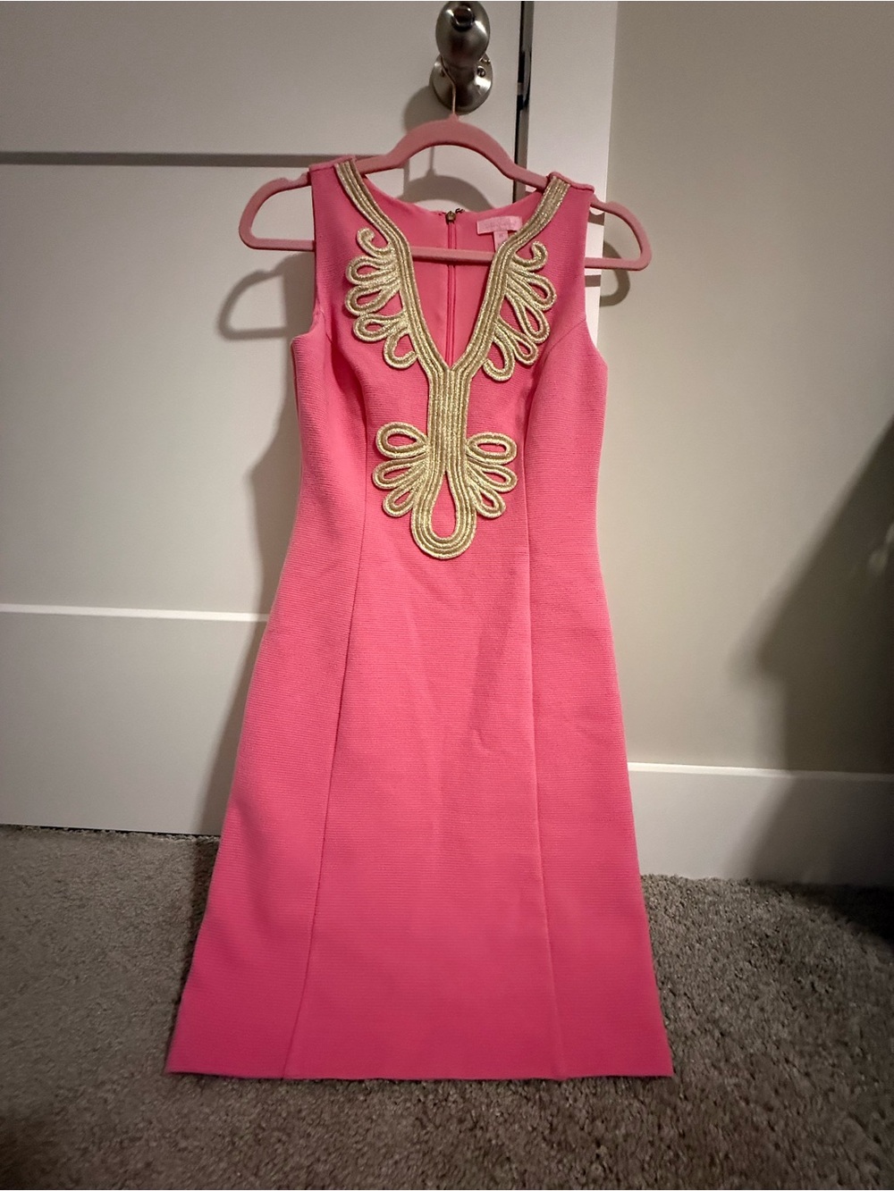 Lilly Pulitzer Sleeveless Pink Shift Dress with Gold Embellished Plunge Neckline